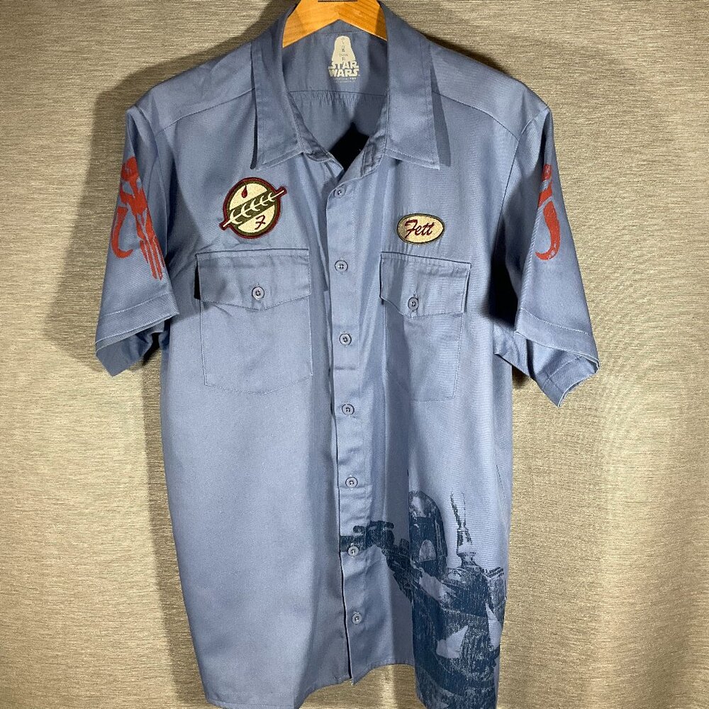 Vintage Y2K BOBA FETT Bounty Hunter Blue Mechanic's Garage Work Shirt Size L